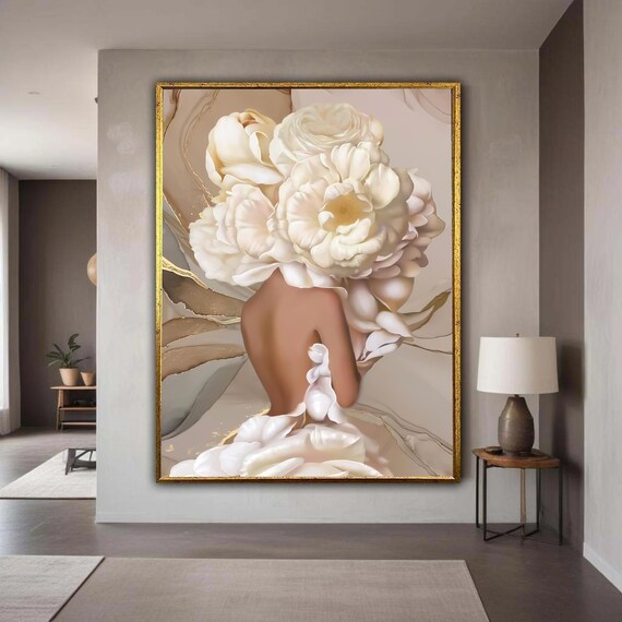 Woman With White Peonies Gold Marble Abstract Floral Body Poster