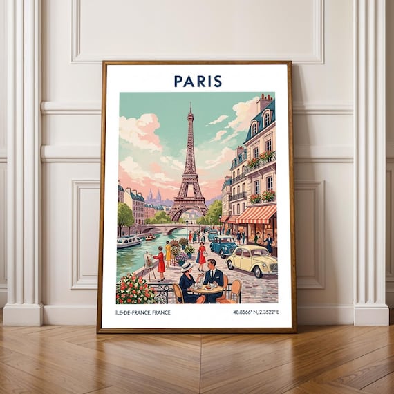 Paris Eiffel Tower Seine River Retro French Vintage Travel Poster