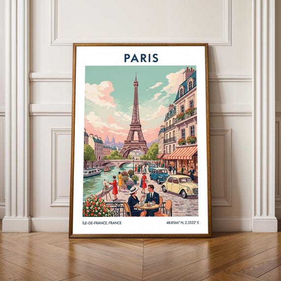 Paris France Travel Poster Eiffel Tower Vintage Wall Art Retro French Street Scene Print