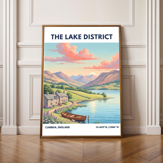 The Lake District Vintage Travel Poster Cumbria England Scenic Lake Sunset