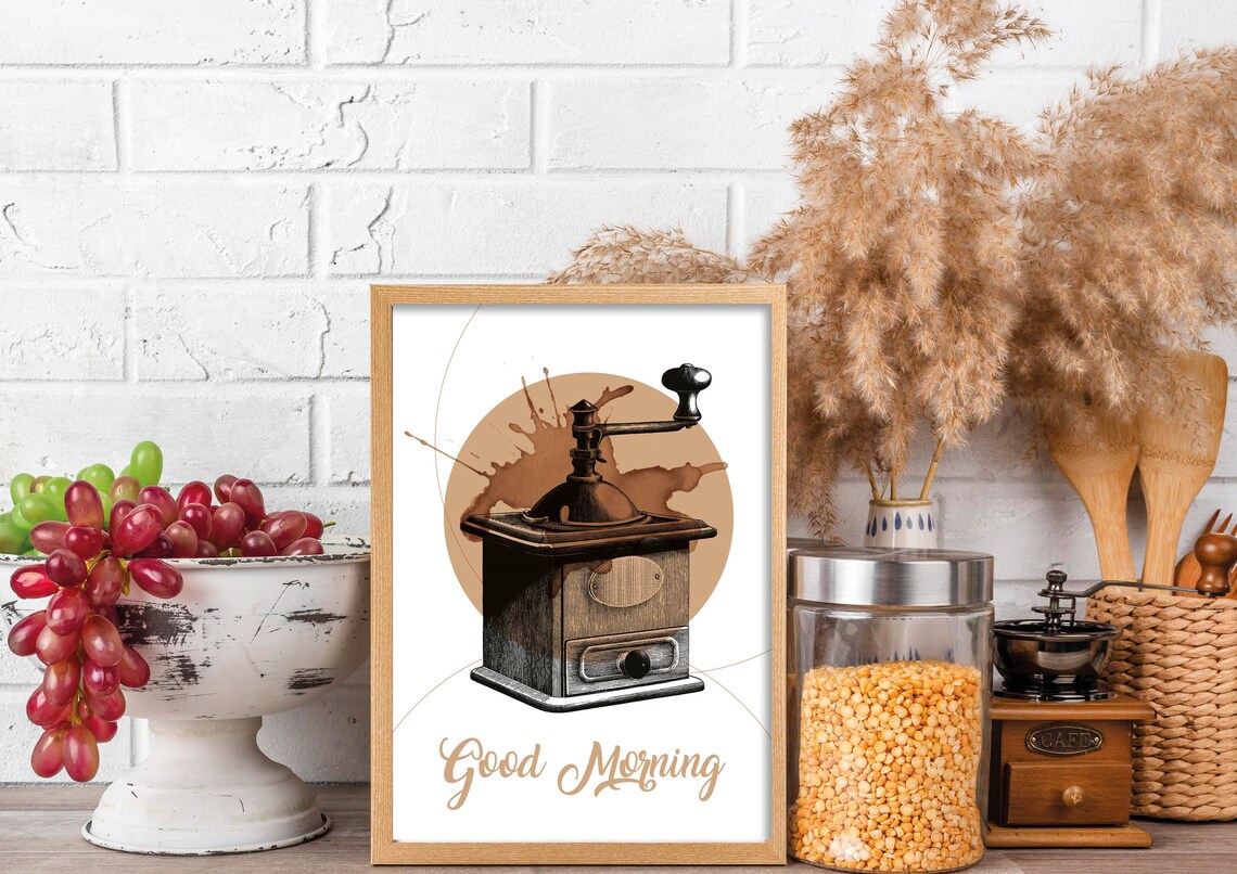 Good Morning Coffee Poster Vintage Coffee Grinder Engraved Illustration Kitchen - Image 2