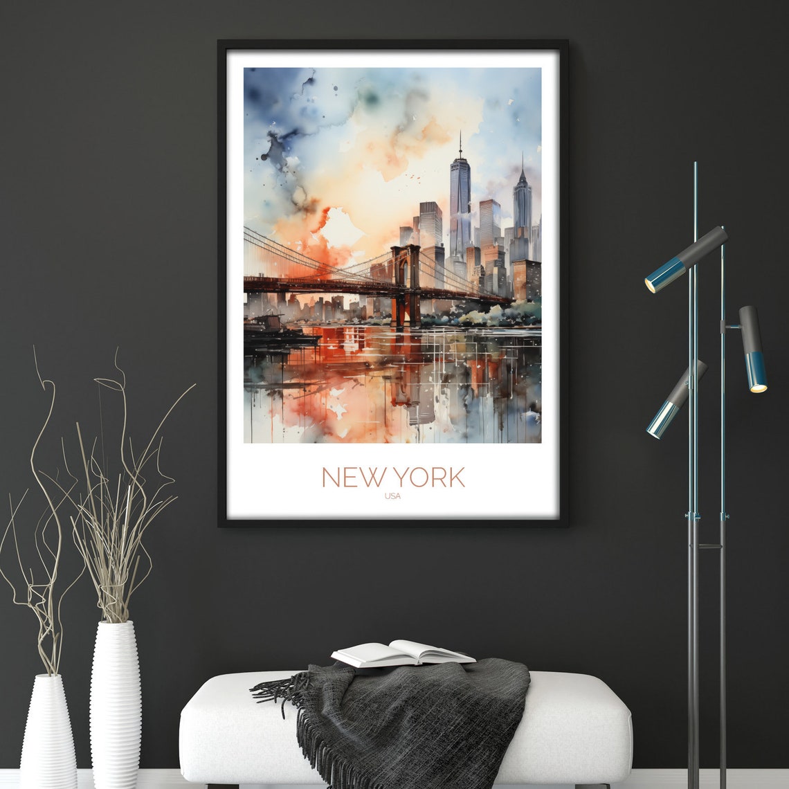Brooklyn Bridge Sunset Watercolor New York Skyline Travel Poster - Image 2