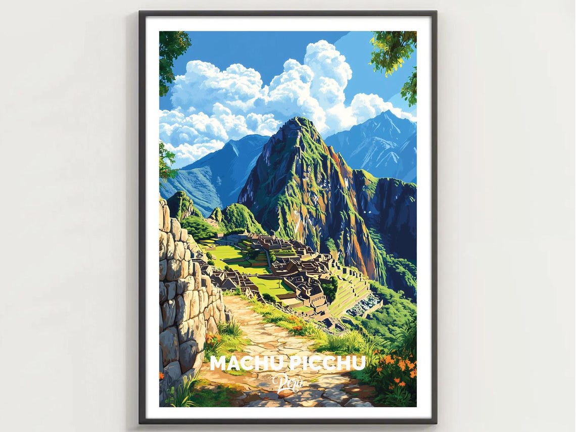 Machu Picchu Ruins Illustration Peru Mountain Landscape Travel Poster