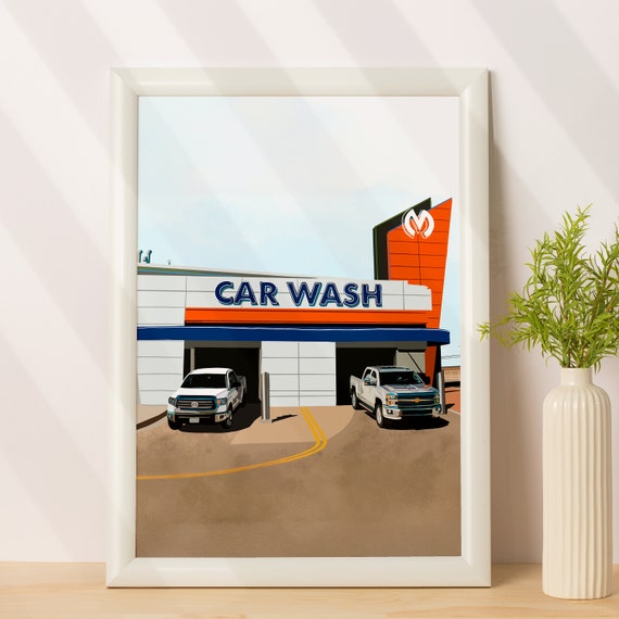 Custom Car Wash Illustration Two White Pickup Trucks Vintage Sign Poster