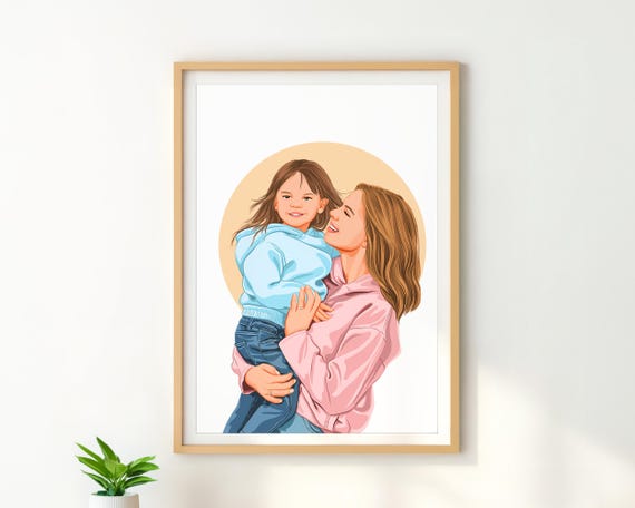 Custom Mother Daughter Portrait Illustration Mom Holding Child Gift Poster