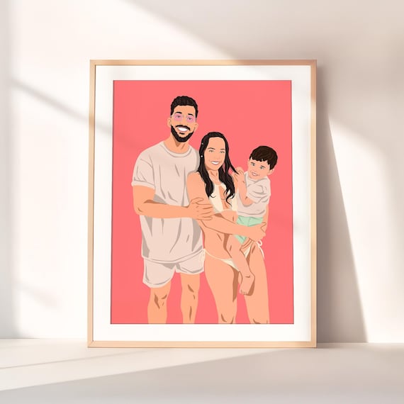 Custom Family Portrait Illustration Coral Background Modern Faceless Poster