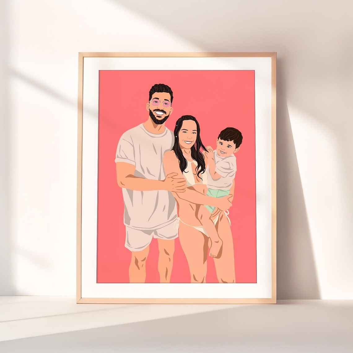 Custom Family Portrait Illustration Coral Background Modern Faceless Poster