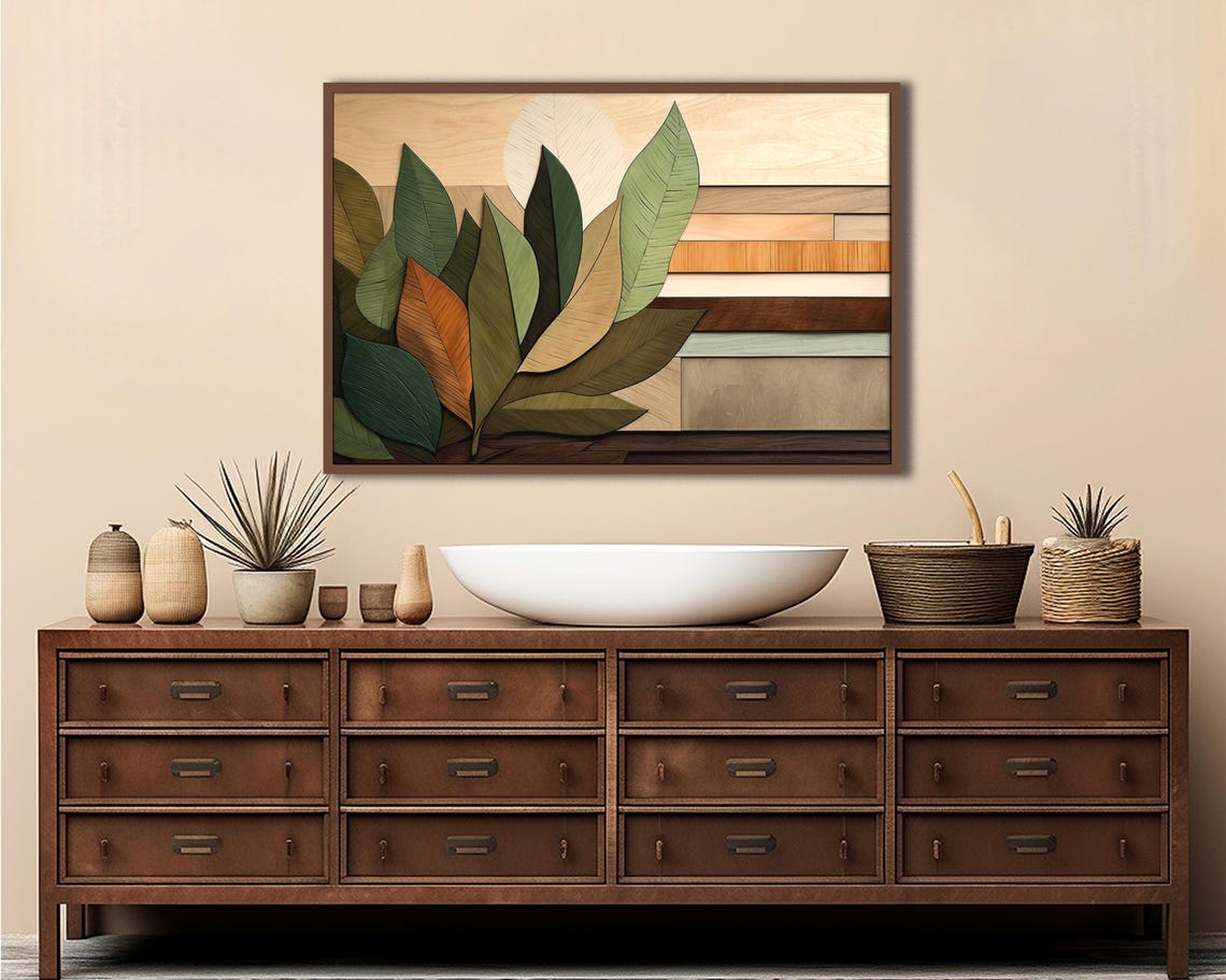 Wood Look Green Leaves Horizontal Slat Rustic Botanical Art Poster - Image 4