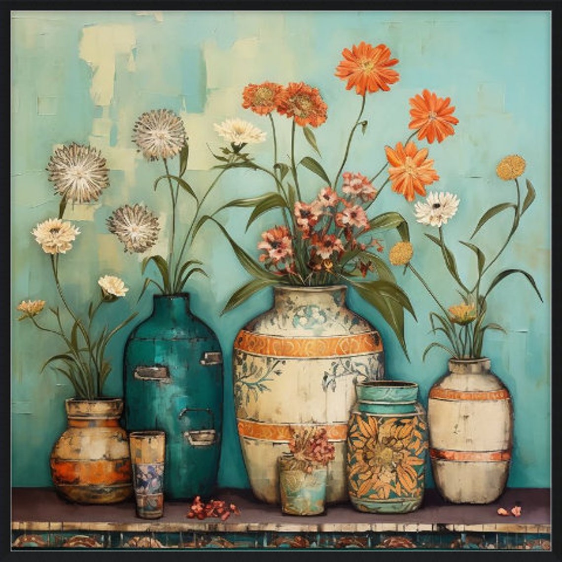 Vintage Eclectic Flower Pots Teal Orange Boho Floral Still Life Poster - Image 4