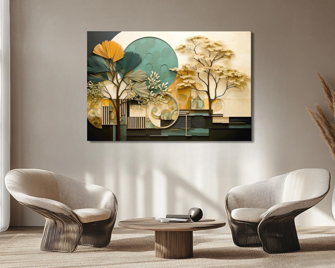 Teal Gold Geometric Trees Paper Cut Sun Art Deco Nature Poster - Image 4