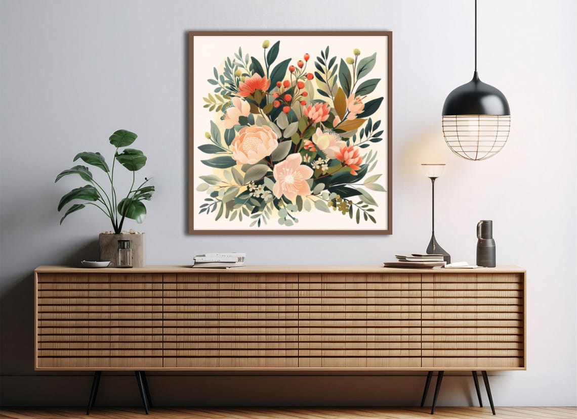 Soft Peach Peony Watercolor Bouquet Coral Blooms Floral Art Poster - Image 3