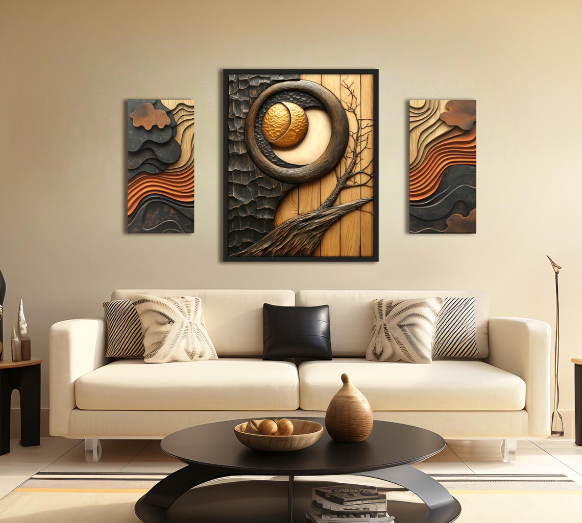 Hammered Gold Moon Carved Wood Ring Rustic Textured Art Poster - Image 2