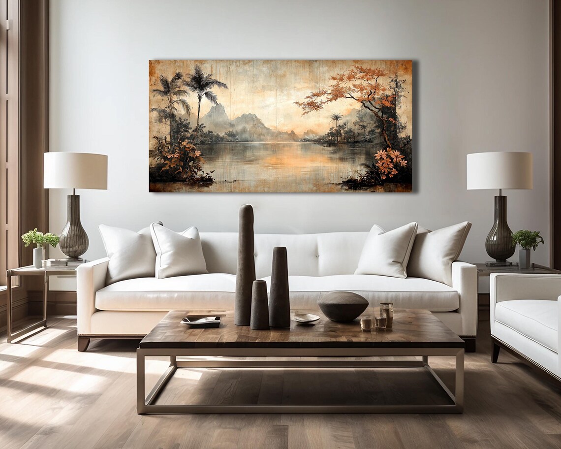 Asian Style Tropical Lagoon Palms Misty Mountain Vintage Art Poster - Image 2
