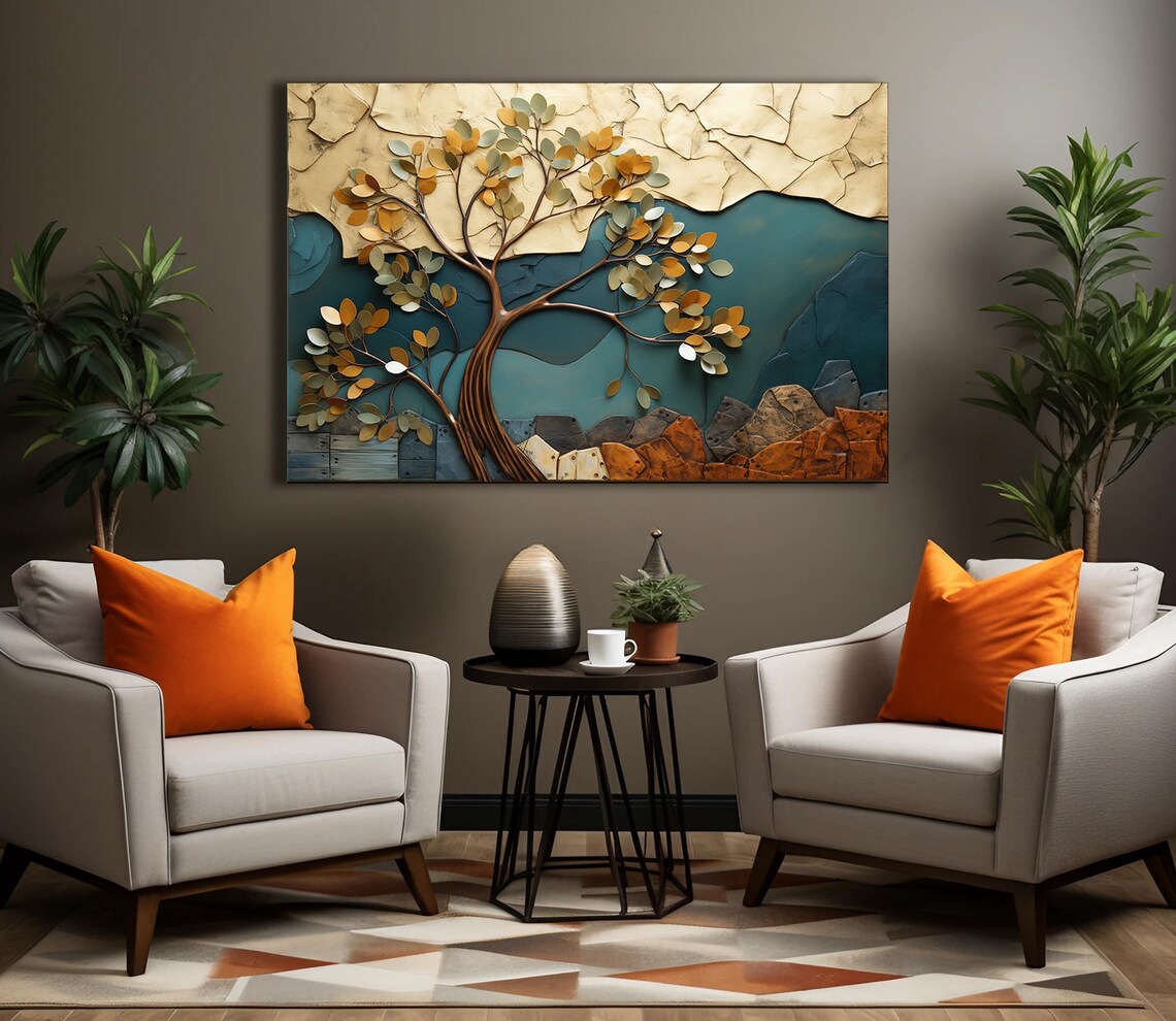 Copper Tree of Life Gold Leaves Teal Mountains Textured Art Poster - Image 3