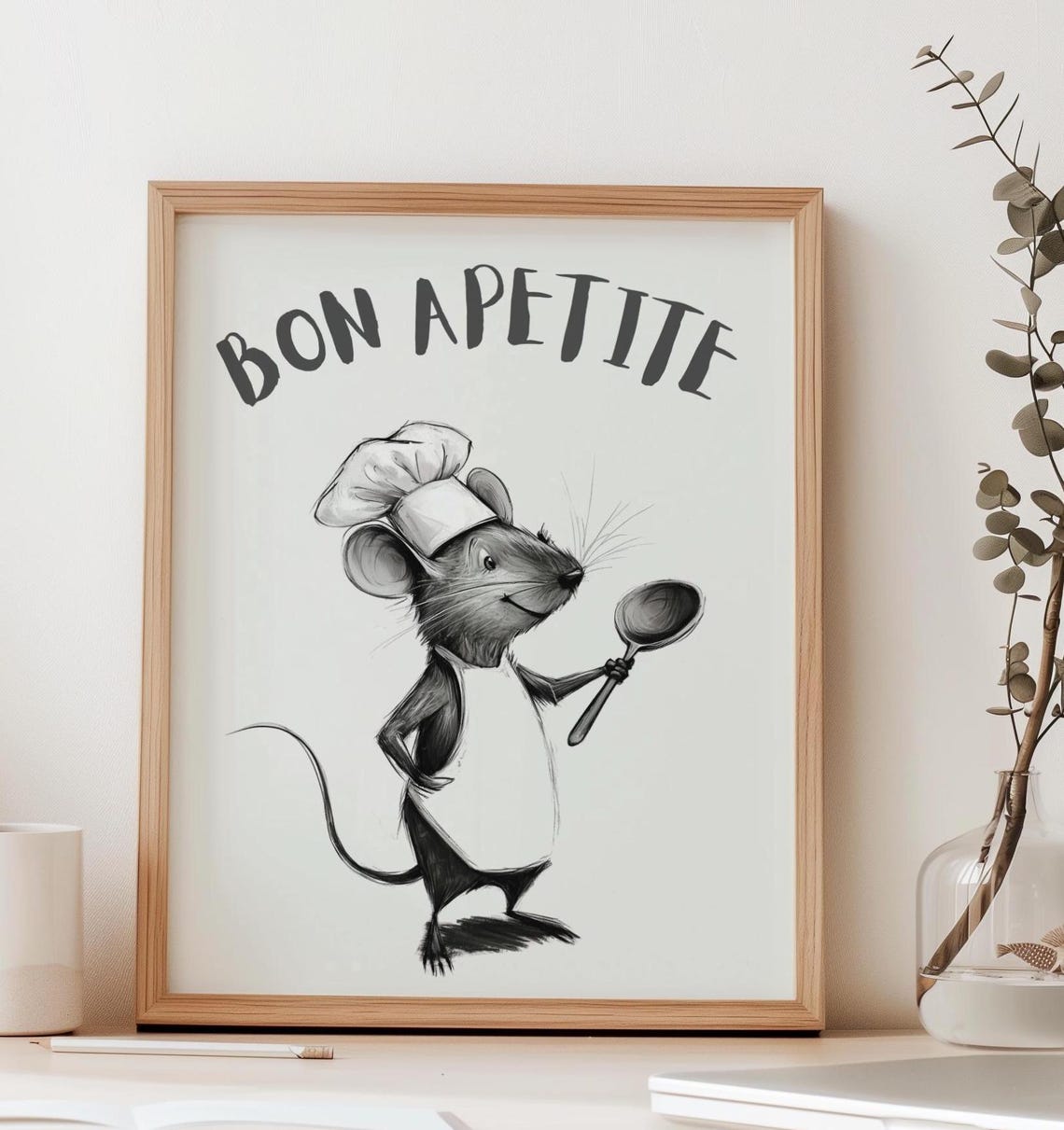 Bon Appetit Mouse Chef Print Funny Kitchen Wall Art