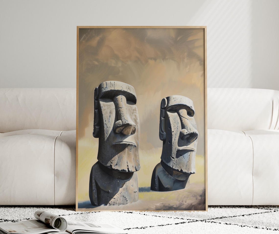 Easter Island Moai Statues Warm Toned Travel Painting Poster