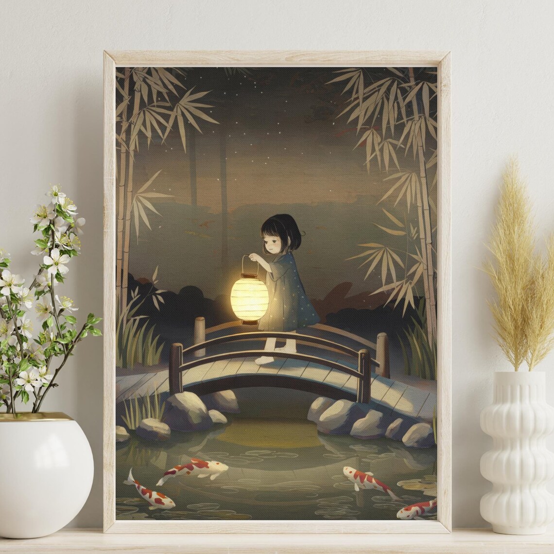 Koi Pond and Lantern Watercolor Art Print, Retro Japanese - Image 5