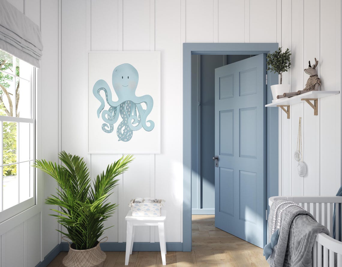 Octopus Wall Decor Under The Sea Wall Art Childrens Bedroom Toddler Room Decor Nursery Print Blue - Image 2