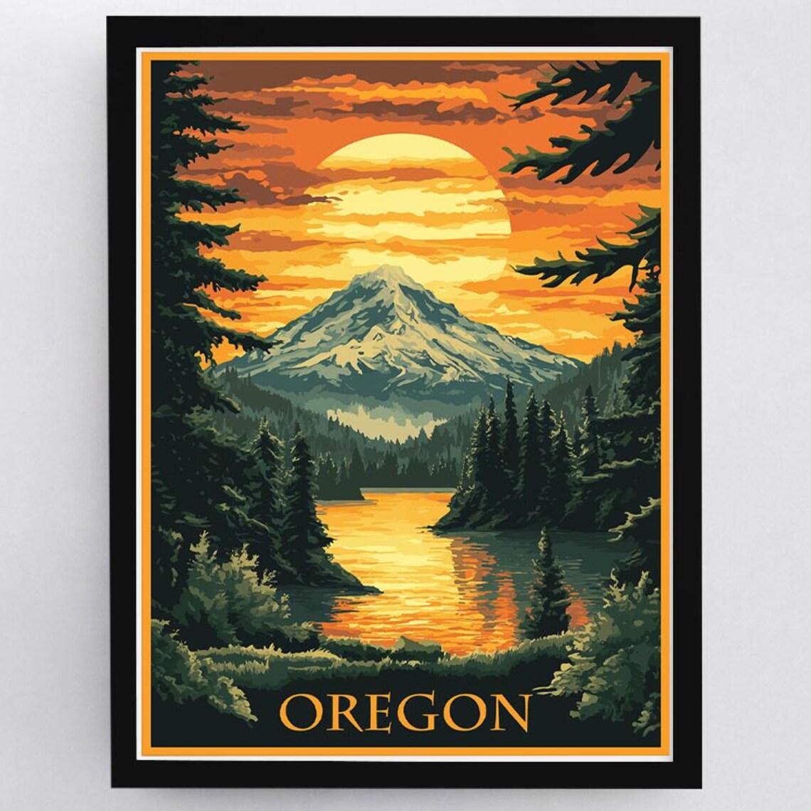 Oregon Mount Hood Sunset Lake Reflection Vintage Travel Poster
