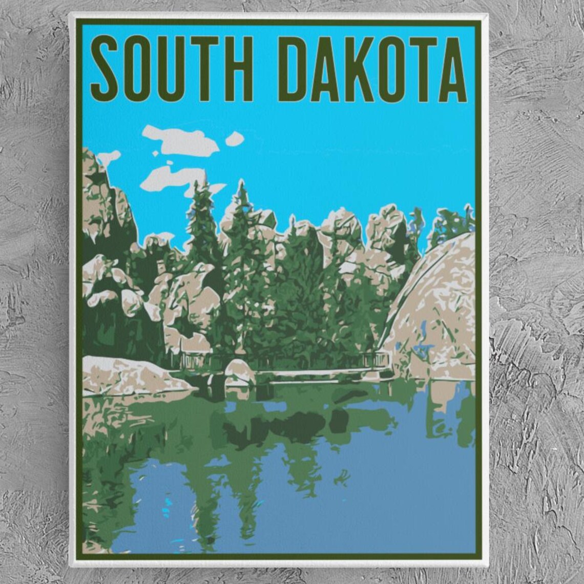 South Dakota Granite Peaks Lake Reflection Vintage Travel Poster