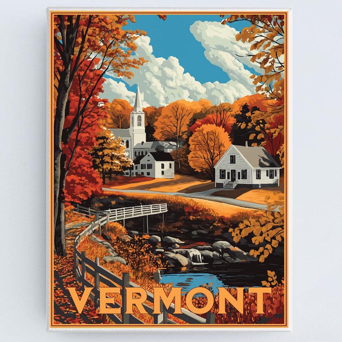 Vermont Autumn Fall Foliage White Church Village Vintage Travel Poster
