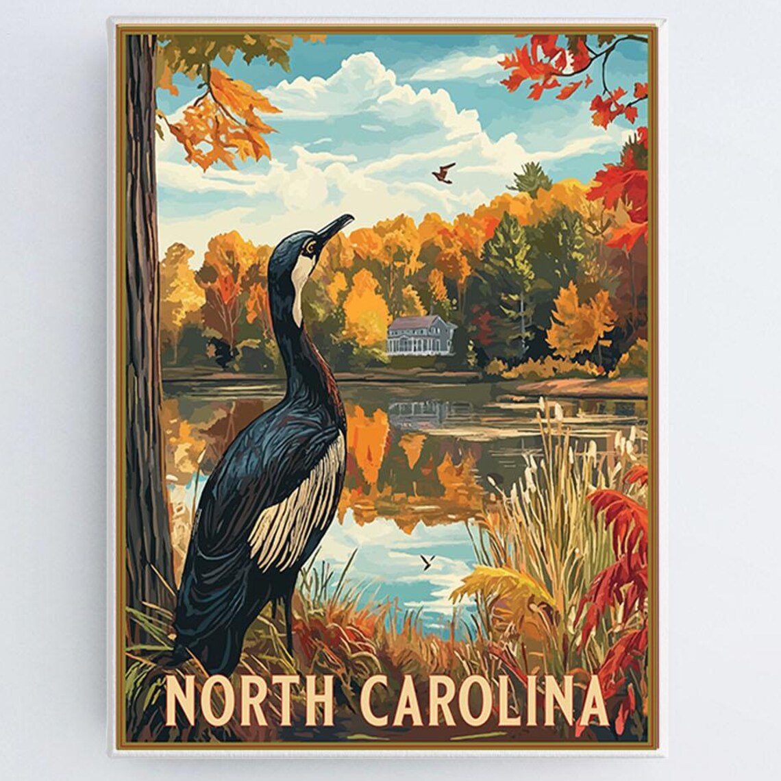 North Carolina Autumn Lake Waterbird Vintage Nature Travel Poster