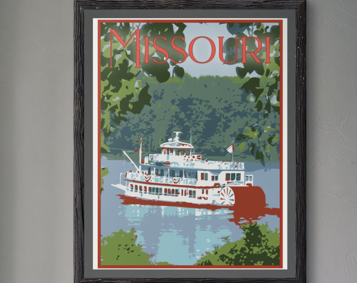 Missouri Mississippi Riverboat Paddlewheel Vintage Travel Poster