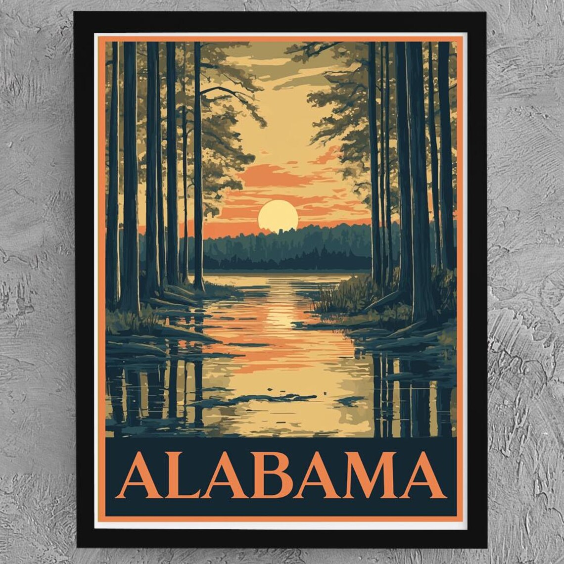 Alabama Sunset Cypress Lake Reflections Vintage Style Travel Poster