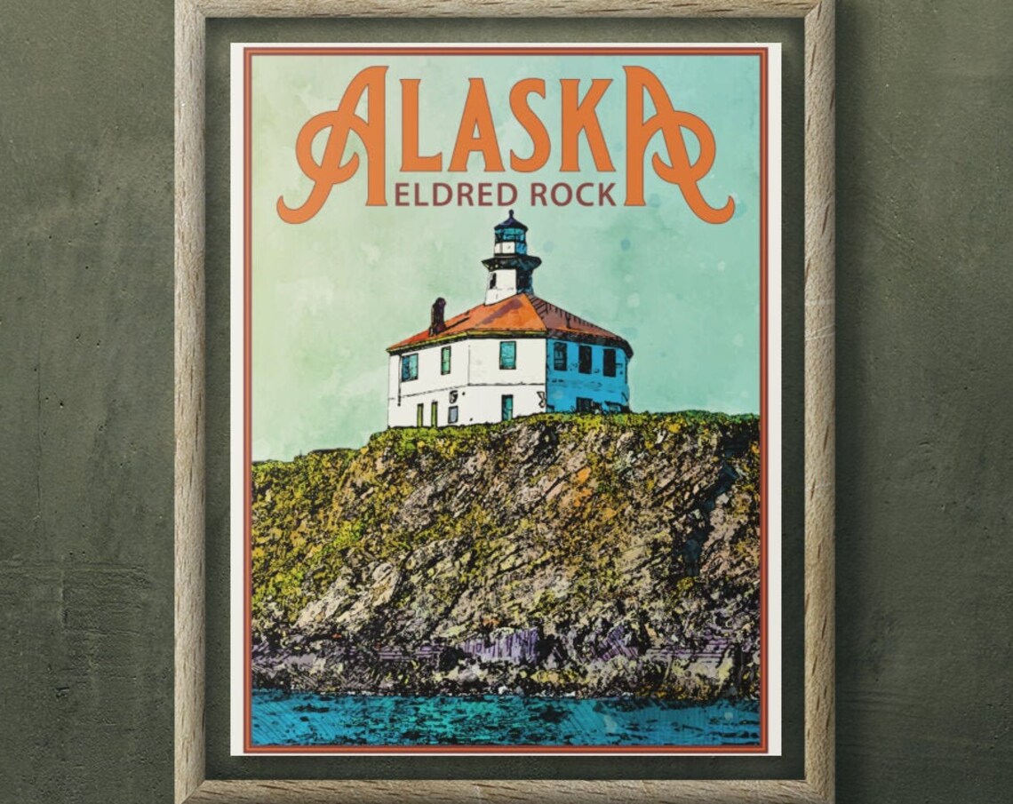 Alaska Eldred Rock Lighthouse Vintage Rugged Coastal Travel Poster