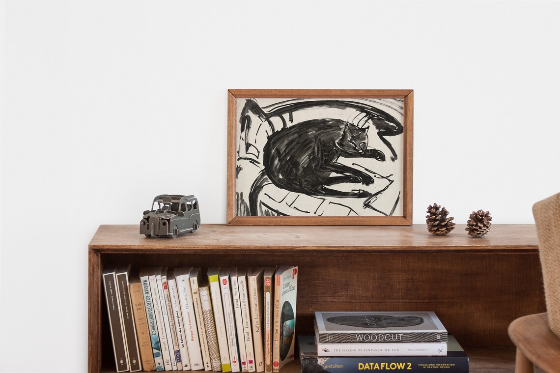 Black Cat Curled on Chair Expressive Ink Brush Painting Art Poster - Image 2