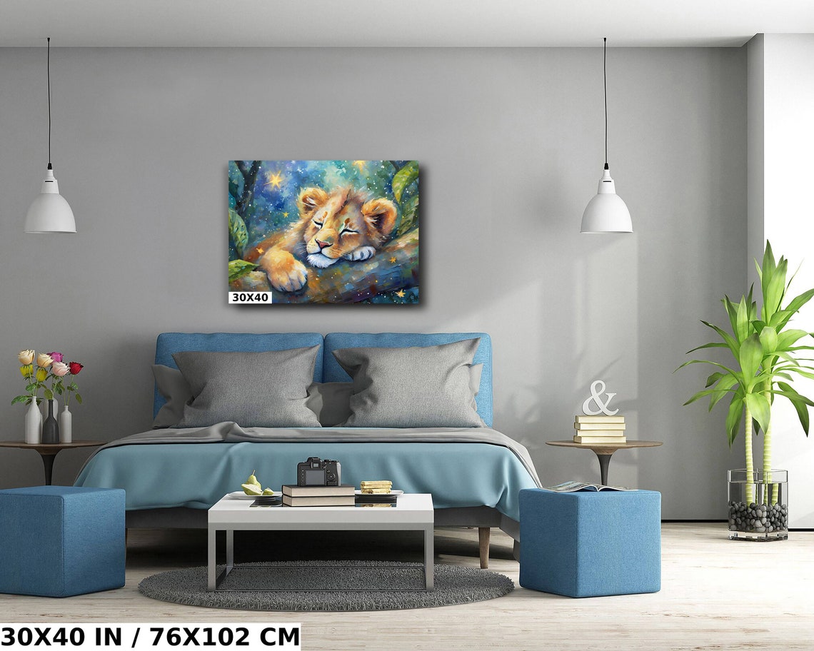 Sleeping Lion Cub On Tree Branch Under Starry Sky Nursery Poster - Image 5