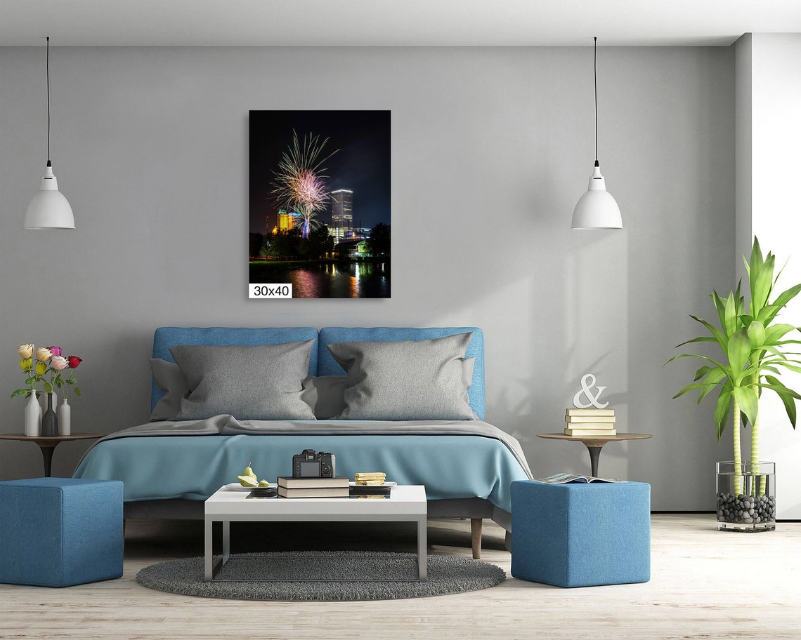 Tulsa Skyline Night Fireworks Downtown Lights Reflection Poster - Image 5