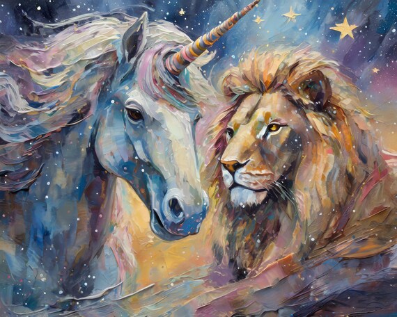 Unicorn And Lion Under Starry Sky Magical Nursery Wall Art Poster