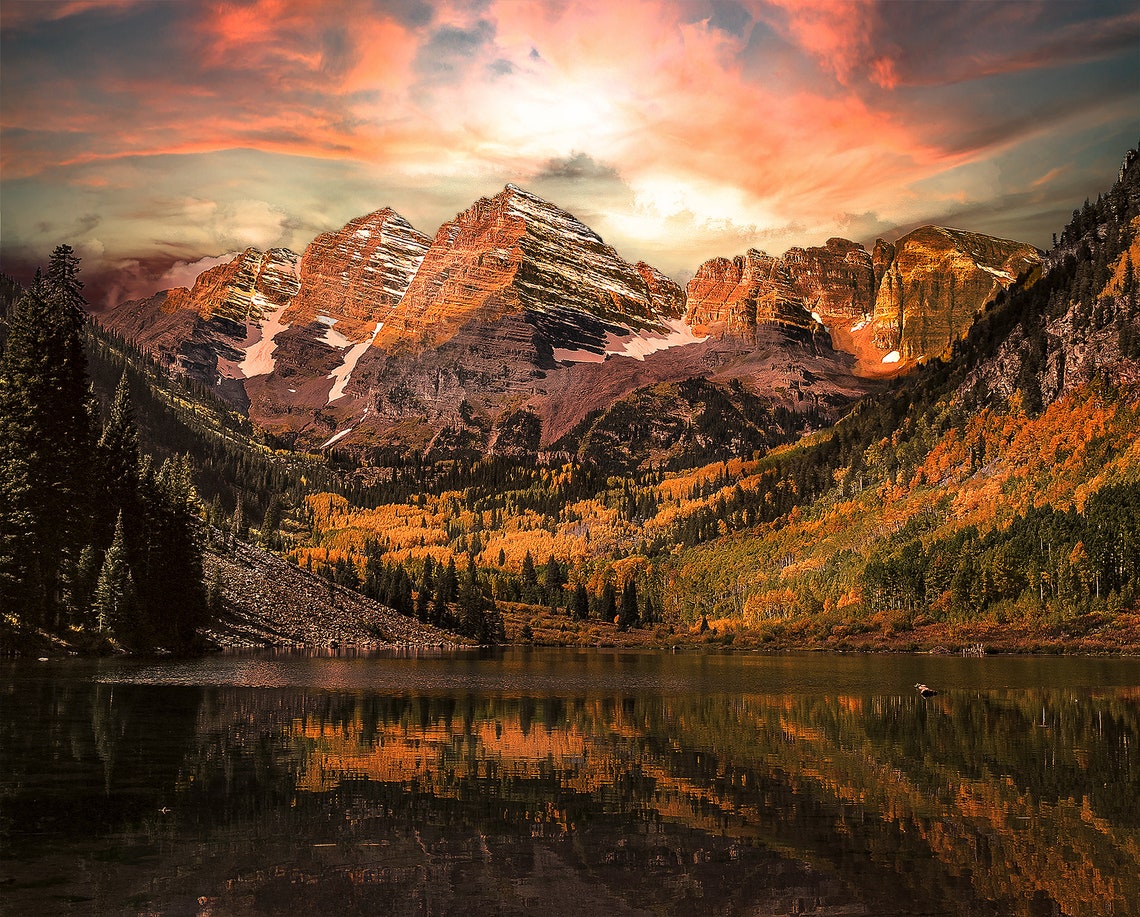 Maroon Bells Dramatic Sunset with Pink Clouds Lake Reflection Poster