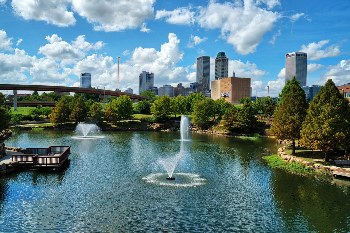 Tulsa Oklahoma Skyline From Centennial Park Fountains City Art Poster