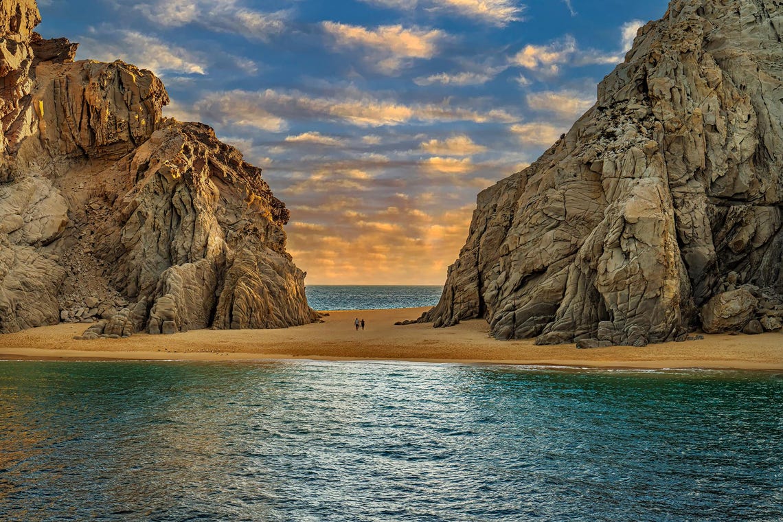 Cabo Lovers Beach Cliffs Golden Sand Ocean Shore View Poster