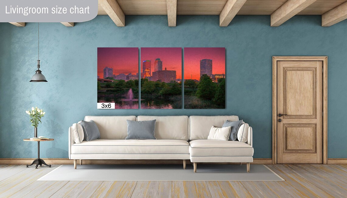 Tulsa Downtown Skyline at Sunset over Lake with Fountain Poster - Image 2