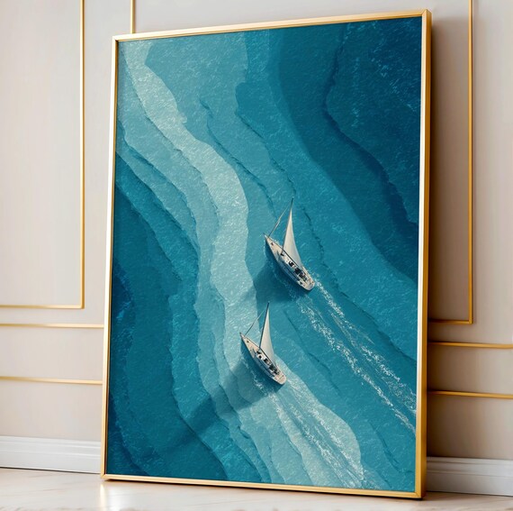 Regatta Wall Art Two Yachts Aerial Sailing Poster Minimalist Luxury Nautical Illustration Modern Blue Sea Print