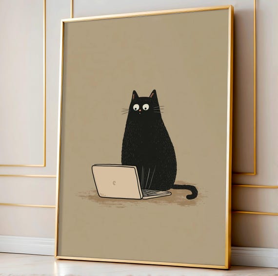 Working Cat Poster, Minimalist Cat Art Print