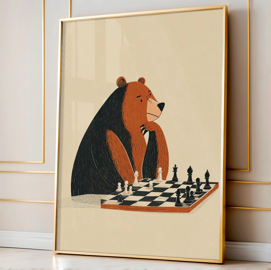 Chess Bear Art Print, Whimsical Minimalist Decor