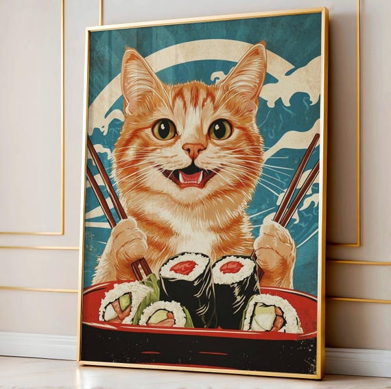 Cat Eating Sushi Print Funny Japanese Wall Art Lover Gift Retro Kitchen Decor Cute Illustration