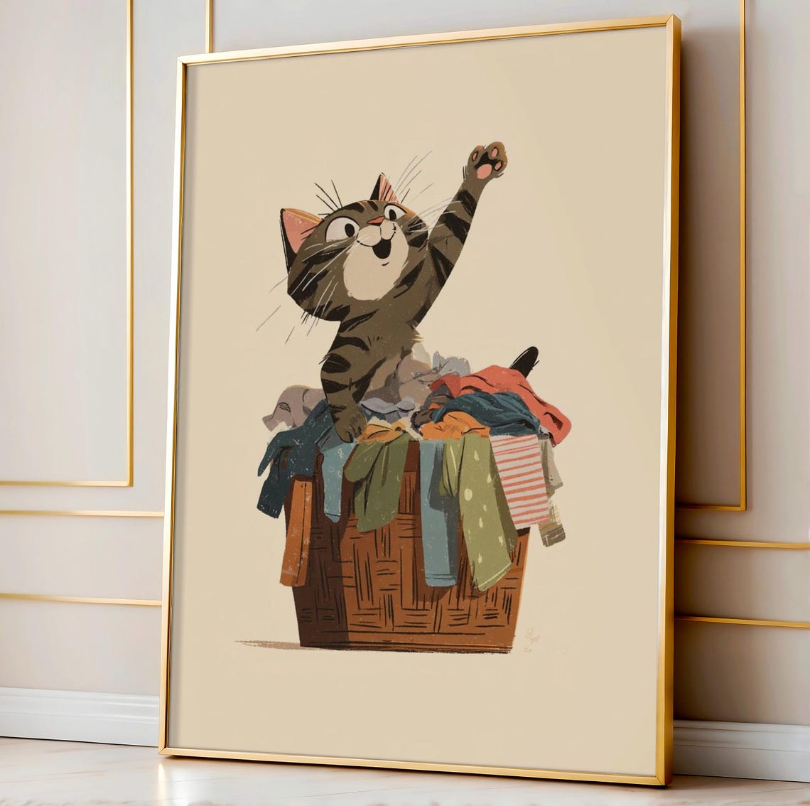 Laundry Basket Cat Funny Tabby Kitten Room Decor Poster Gift