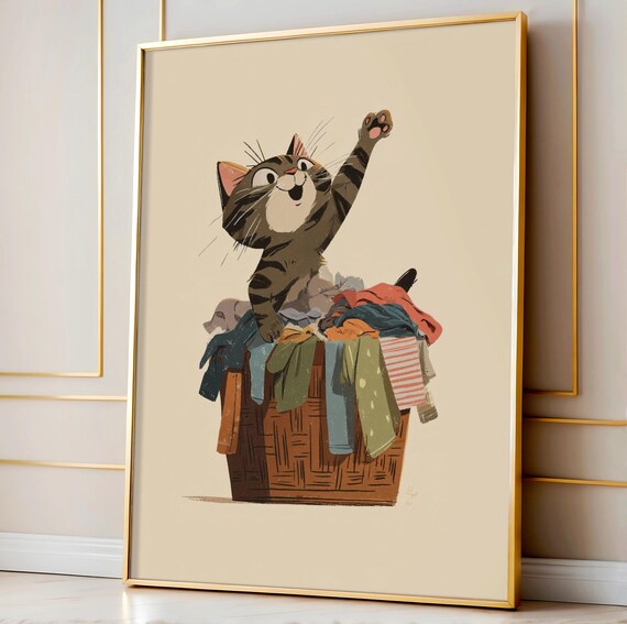 Laundry Basket Cat Funny Tabby Kitten Room Decor Poster Gift