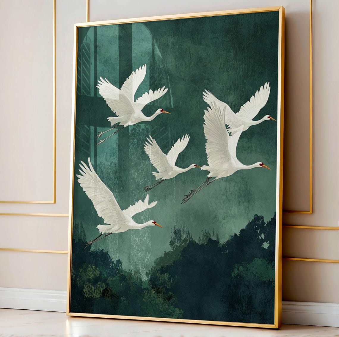 Flying White Cranes Over Emerald Forest Japandi Style Art Poster