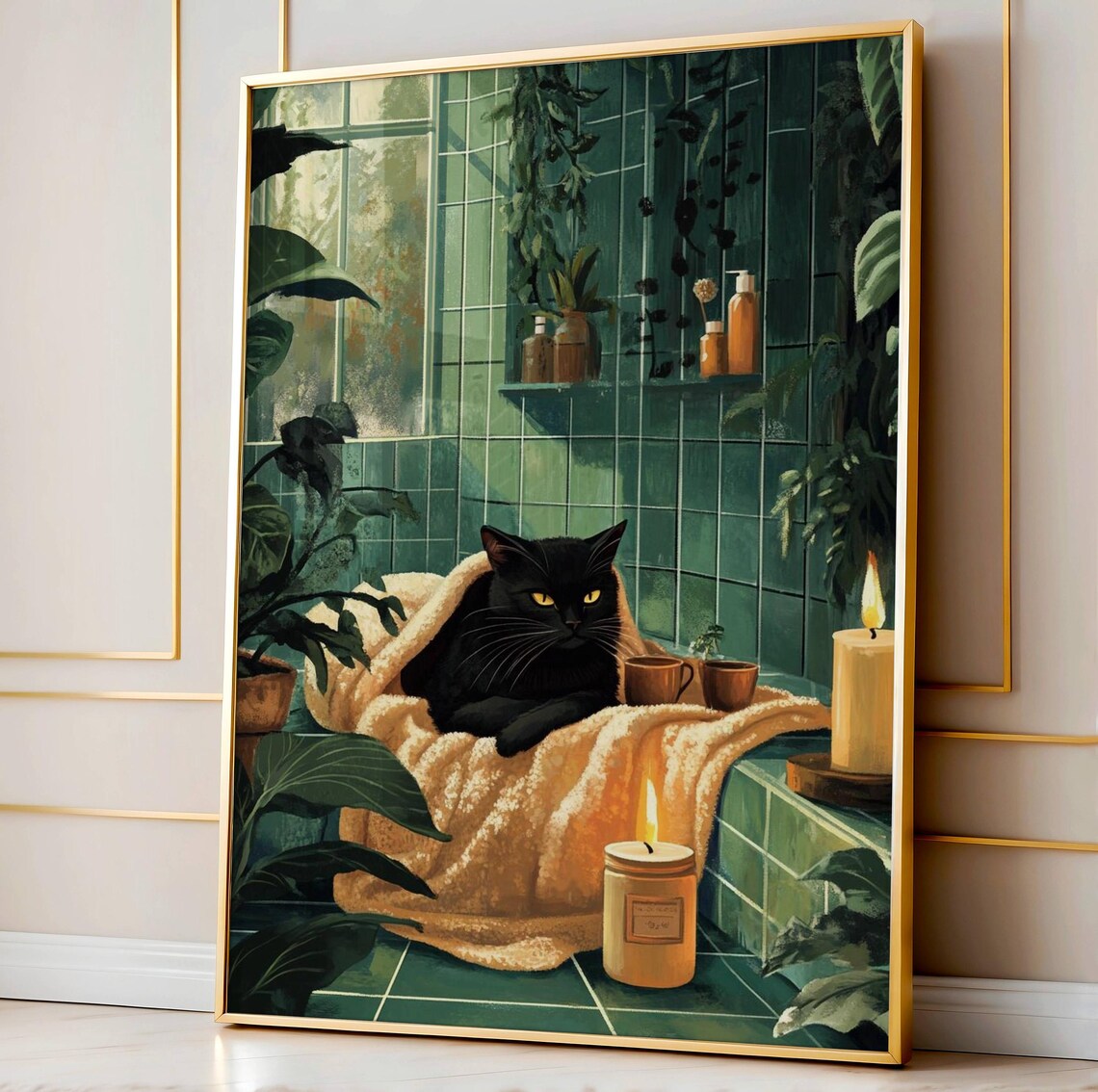 Black Cat Spa Day Green Bathroom Funny Relaxing Cat Art Print