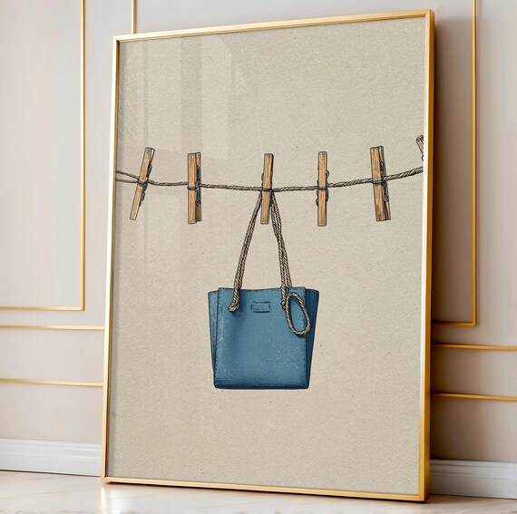 Tiny Blue Beach Bag Clothesline Minimalist Summer Illustration Poster