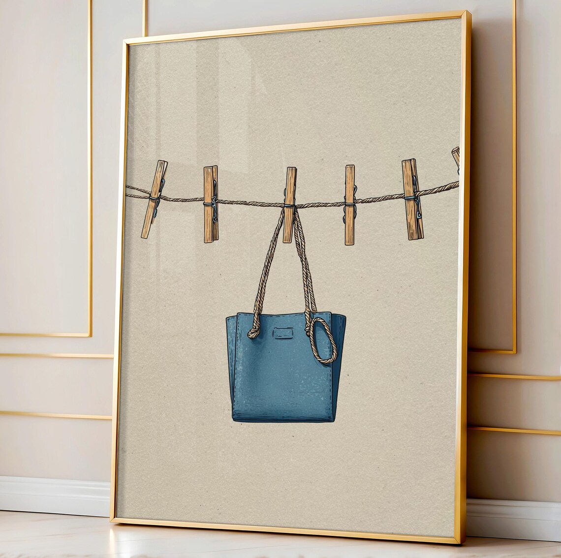Minimalist Tiny Blue Beach Bag Print Coastal Clothesline Wall Art Modern Summer Apartment Decor Illustration