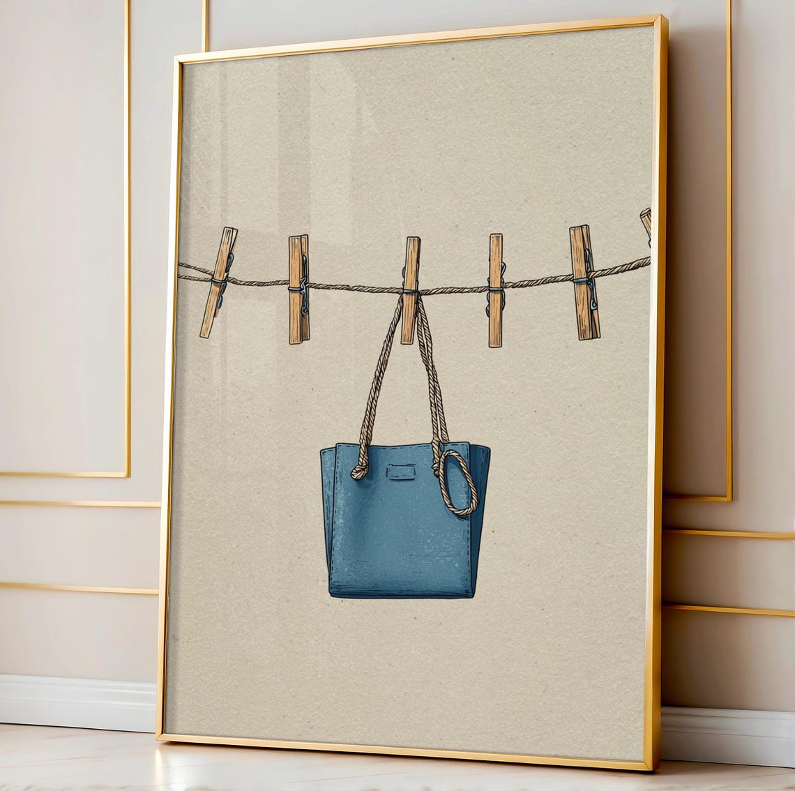 Tiny Blue Beach Bag Clothesline Minimalist Summer Illustration Poster