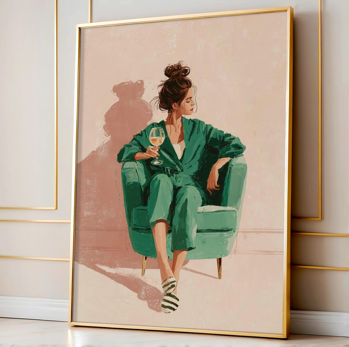 Wine Lounge Emerald Green Woman Classic Oil Painting Style Poster
