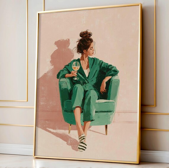 Wine Lounge Emerald Green Woman Classic Oil Painting Style Poster